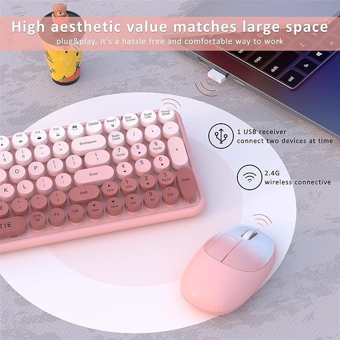 Wireless Keyboards and Mouse Combos, UBOTIE Colorful Gradient Rainbow Colored Retro Typewriter Flexible Keyboard, 2.4GHz Connection and Optical Mouse(Peach Gradient)
