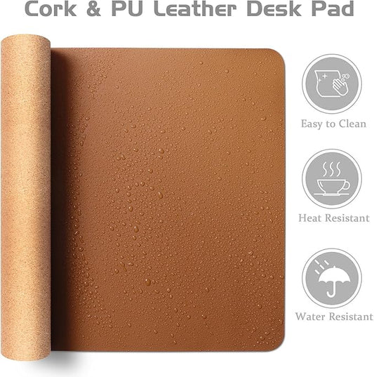 Aothia Double-Sided Desk Pad, 35.4" x 15.7"Leather Desk Mat, Eco Cork Desk Pad Protector,Large Mouse Pad,Waterproof Desk Blotter for Office/Home(Brown)