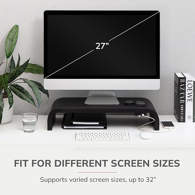 Anji Mountain Wood Monitor Stand Riser Desk Desktop Organizer Table for Home, Office Workspace, Laptop Riser, Ergonomic Design Stand for Gaming Setup, with Power Source, Black