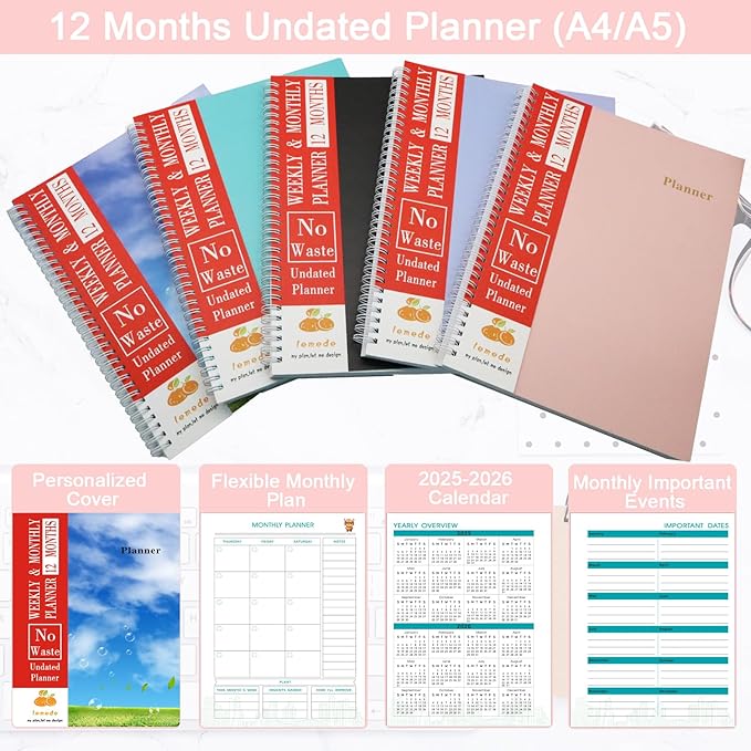 A4 Large Undated Weekly and Monthly Planner, 12 Months No Waste Handwritten Date Weekly To Do List Notebook with Goal & Organizer Pocket, 8.5" x 11" Blank Monthly Planner for Women Work School Home