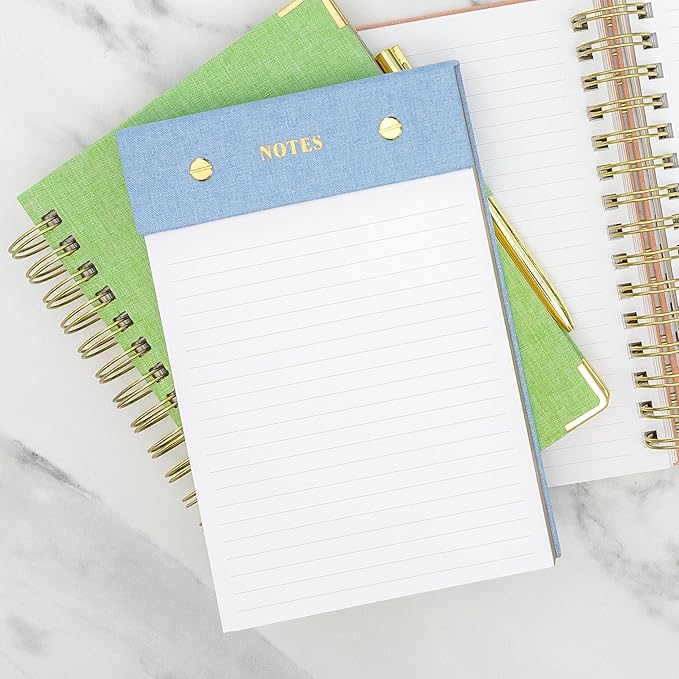 ELYN Lined Notepad, Aesthetic Linen Memo Pad with Matching Gold Gel Pen, 125 Sheets, 8.1 x 5.3 in - 100 GSM Premium Thick Paper, Perforated Pages & Hard Linen Backing, for Work, School or Home (Blue)