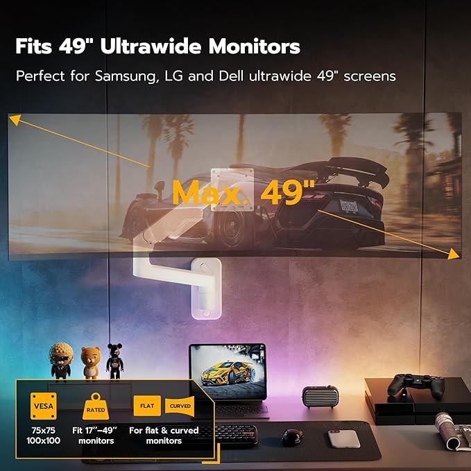 ARES WING Wall Mount Monitor Arm for 17-49 Inch Ultrawide Screens, Heavy Duty Single Monitor Mount Holds 44 lbs, Fully Adjustable Gas Spring Wall Mount, 75x75/100x100 VESA Mount, White