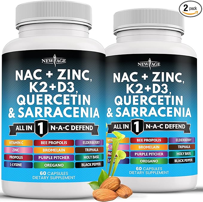 NEW AGE NAC Supplement N-Acetyl Cysteine- with Vitamin D3, K2, Zinc, Quercetin, Triphala, Sarracenia Purpurea, Elderberry, Holy Basil, Bee Propolis, Bromelain, L-Lysine - 120 Count