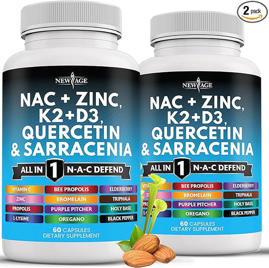 NEW AGE NAC Supplement N-Acetyl Cysteine- with Vitamin D3, K2, Zinc, Quercetin, Triphala, Sarracenia Purpurea, Elderberry, Holy Basil, Bee Propolis, Bromelain, L-Lysine - 120 Count