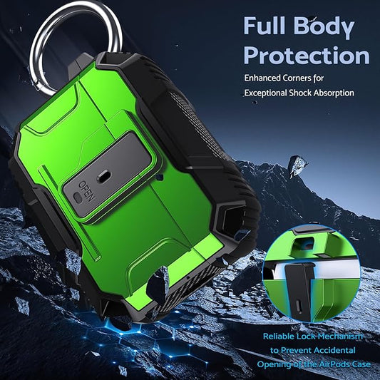 DASFOND Armor Earphone Cover Case for Airpods Pro 2, Military Grade Full Body Shockproof Protection Hard Case, Support Wireless Charging with Keychain, Magnetic Lid, Front LED Visible, Green