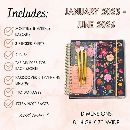 Votum 18-Month Day Large Planner, 2025-2026, Daily, Weekly & Monthly, January 2025 - June 2026, Blue Flowers - Appointment Book with 3 Sticker Sheets, Twin-Ring Binding, Notes Pages - School & Work