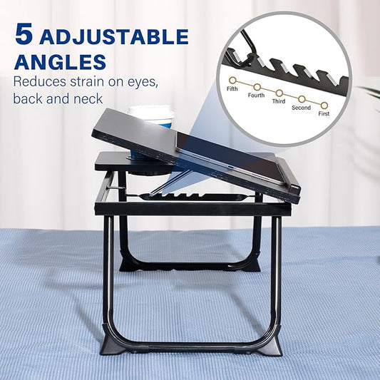 Laptop Desk for Bed Couch, Adjustable Foldable Bed Table with Cup Holder, Breakfast Serving Tray, Portable Laptop Lap Desk Stand for Working Reading Writing Eating Gaming in Bed Sofa Floor(Black)