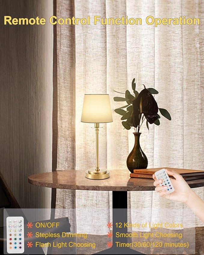 Egobasic Cordless Rechargeable Table Lamp with Remote, Small Portable Battery Operated Lamp with Timer, 12 RGB Lighting Dim, Restaurant Dining Bed Side Table Night Lights, Fabric Shade, Antique Brass