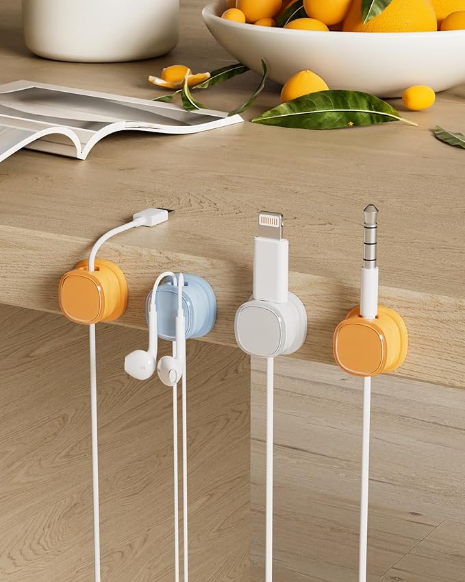 9 Pack Cord Organizer, Spring Cable Management, Adhesive Cute Cable Holder Clips, Phone Charger Wire Keeper for Desk Nightstand Car Office (9-Pack White_Orange_Blue)