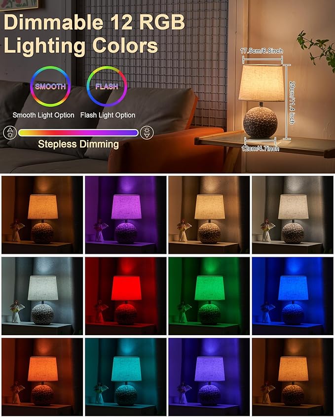 UMEXUS Ceramic Cordless Table Lamp with Timer & Remote - 11.42" Small Rechargeable Battery Operated Lamp with Linen Shade & RGB Dimmable Light for Restaurant Dining Living Bedroom Kitchen Patio Side