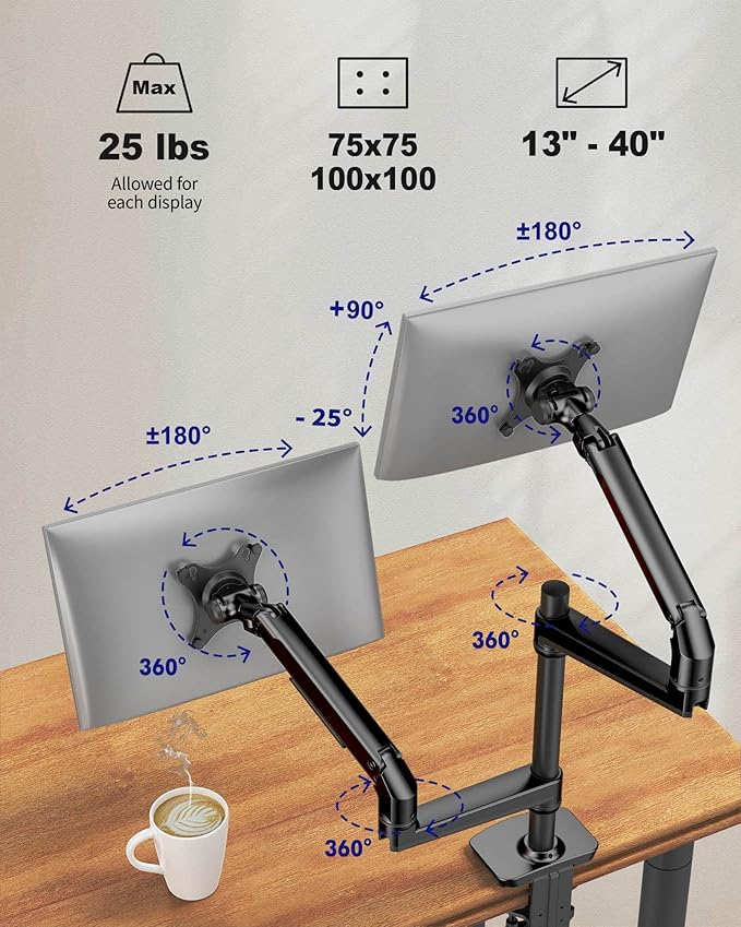 Dual Monitor Mount, Holds Screens up to 40 Inches and 25 lbs, Fully Adjustable Dual Monitor Arm with C-Clamp and Grommet Base, Aluminum, Black