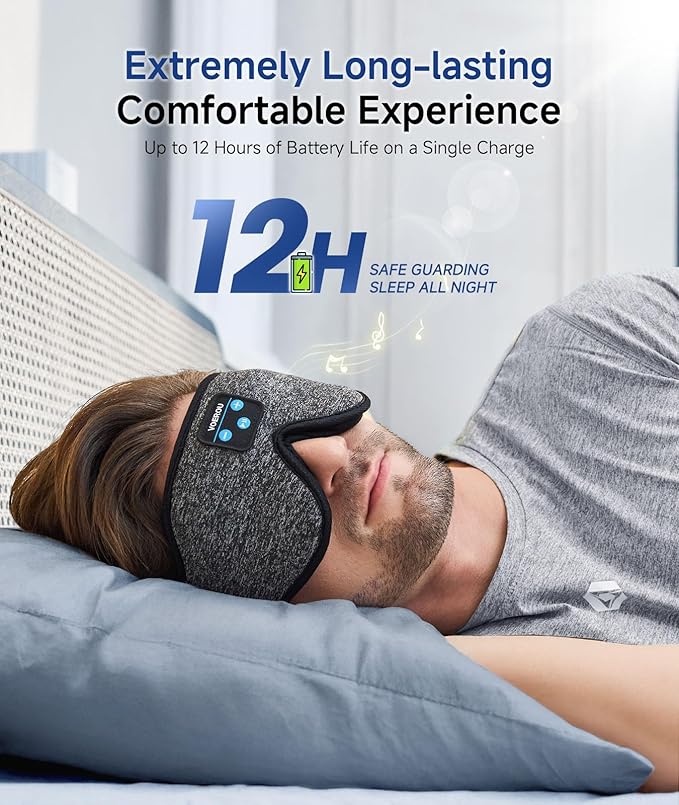 Voerou Sleep Mask with Bluetooth Headphones, Zero Pressure Wireless Sleeping Eye Mask, 100% Light Blocking Sleep Headphones for Side Sleepers, Suitable for Sleep Nap Travel, Cool Gadgets Unique Gifts