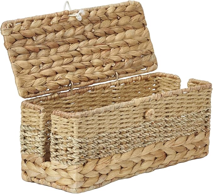 Cable Organizer Box Handmade Wicker Rattan Cable Management Box Adapter Power Strips Outlet Router Cord Hider Cover Under Desk Electrical Wire Storage Organizer with Lid (Natural, Medium)