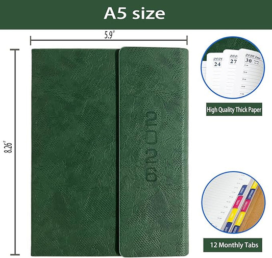 2026 Daily Planner - Appointment Book 2026, Hourly Daily & Monthly Planner with Tabs(Jan-Dec 2026), 8.26'' x 5.9'' Calendar Planner, Leather Cover + Thick Paper (26-Green)