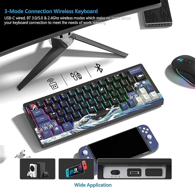 Womier 60% Percent Keyboard Wireless with QMK/VIA, Gaming Keyboard Black, Creamy Mechanical Key Board, RGB Custom Hot Swappable with PBT Keycaps for Windows & Mac-POM Linear Switch (Q61-Kanagawa)