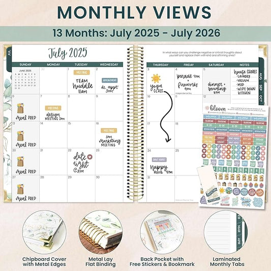 bloom daily planners 2025-2026 Hardcover Academic Year Goal & Vision Planner (July 2025 - July 2026) - Monthly & Weekly Calendar Agenda Organizer - 7.5" x 9" - Eucalyptus, White