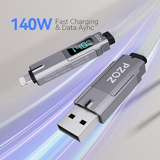 pzoz 4-in-1 USB C Fast Charging Cable with LED Display, Multi USBC Charger Combo Lightning/Type C/USB A Metal Ports for iPhone 17/16/15/14 Pro Max iPad MacBook AirPods Pro Samsung Google (140W, 5 ft)