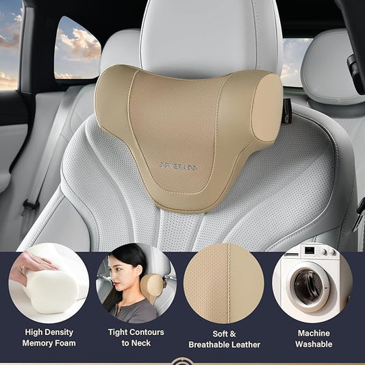 Coverado Car Headrest Pillow, Ergonomic Memory Foam Car Neck Pillow for Driving Seat with Adjustable Strap, Soft PU Leather Breathable Removable Cover Neck Support for Neck Pain Relief - Beige