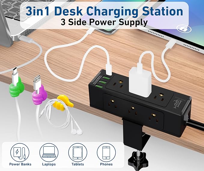 Desk Clamp Power Strip with USB C (20W PD) & USB A, 9 AC Outlets, Surge Protector, Flat Plug, 6.5ft Extension Cord – Desk Mount Power Station with Cable Management Kit for Home & Office – Black