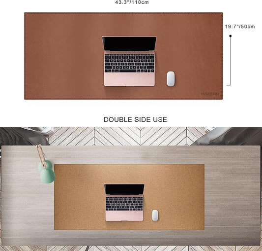 MAIDERN 43.3”x 19.6” Leather Desk Mat, Large Desk Pad, Cork & Leather Large Mouse pad for Desk, Waterproof Computer Desk Mat for Gaming Home Office (Brown)