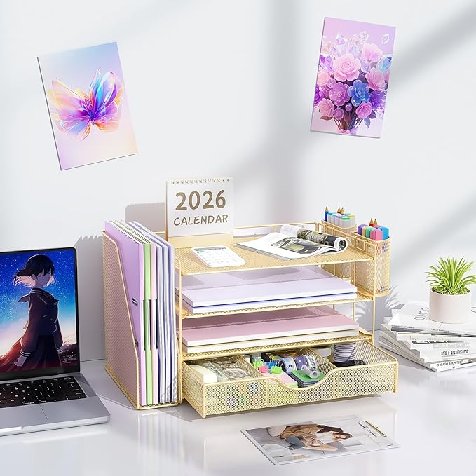gianotter Desk Organizers and Accessories with File Holder, 4-Tier Desk Accessories & Workspace Organizers with Drawer and 2 Pen Holder, Paper Organizer for Office Supplies(Gold)