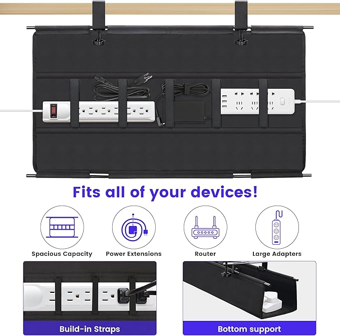 Under Desk Cable Management Tray Storage with Clamp for Wire Management Cord Organizer No Drill 28.3" for Office Home
