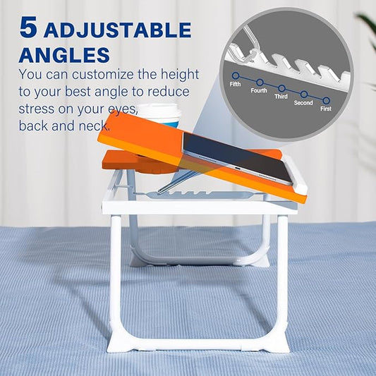 Laptop Desk for Bed Couch, Adjustable Foldable Bed Table with Cup Holder, Breakfast Serving Tray, Portable Laptop Lap Desk Stand for Working Reading Writing Eating Gaming (Orange)