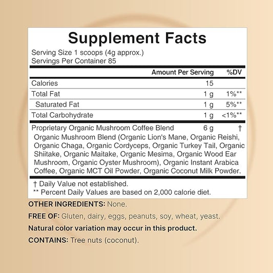 NatureBell Organic Mushroom Coffee with MCT Oil, 12oz (85 Servings) | 10-in-1 Adaptogenic Blend with Lion’s Mane, Reishi, Shiitake, Chaga & More | Supports Energy, Focus & Immune Health | Instant Mix