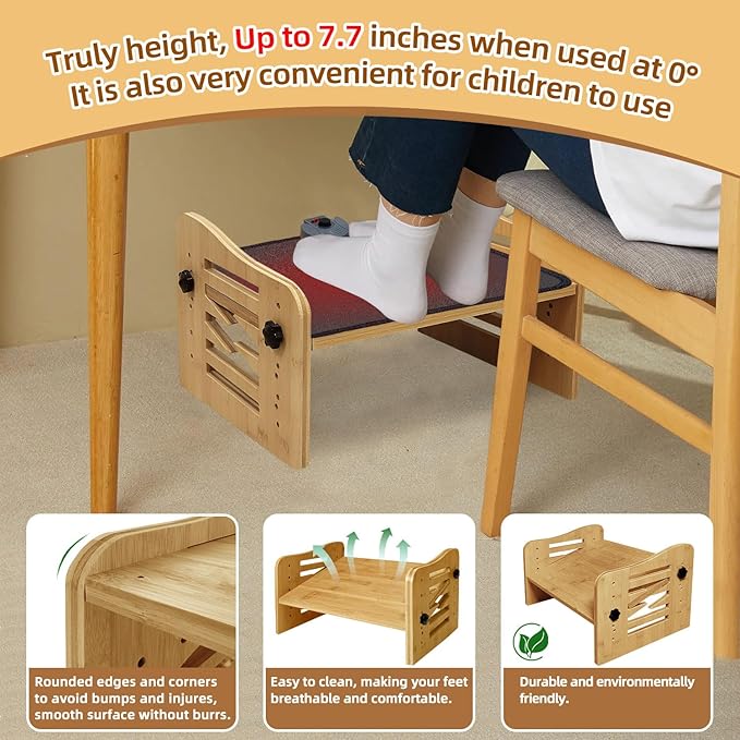 Myplace Bamboo Adjustable Under Desk Footrest with Heating Pad - Warm Ergonomic Foot Rest with 7-Level Adjust, Slanted Foot Rest Stool for Home Office Kitchen Bedroom (Burlywood)