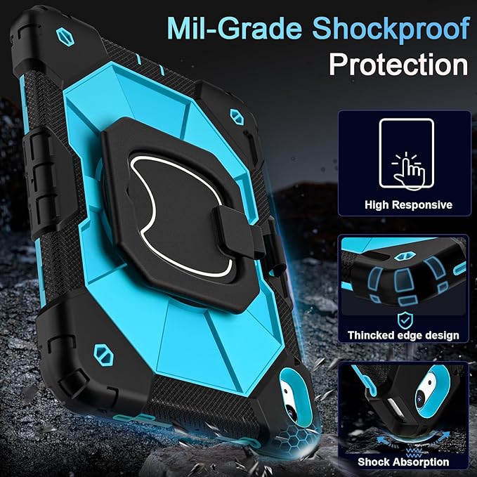 Case for iPad (A16)11th /10th Generation 11/10.9 Inch 2025/2022 with Screen Protector Rotating Stand Shoulder Strap Pencil Holder,Military Grade Shockproof iPad Case 10th Generation,Black Blue