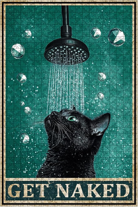 1000 Piece Jigsaw Puzzle Wooden Puzzle Black Cat Bathroom for Adults 29.5x19.7 Inch