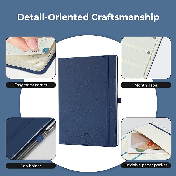 Weekly Monthly 2026 Planner (Jan.26-Dec.26),11.5"x8.5",12 Months Agenda Plan with Month Tabs & Pocket,Expenses/Note Pages, Appointment Book Calendar with Hardcover Vegan Leather Cover,Blue