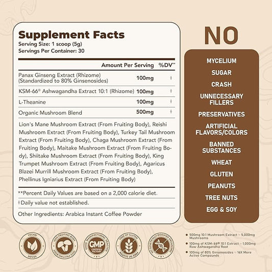 Mushroom Coffee 12-in-1 – Organic Lion's Mane, Reishi, Ginseng, KSM-66® Ashwagandha–Focus, Calm Energy & Daily Balance–100% Fruiting Body Extracts–Vegan, Nootropic, Low Caffeine–30 Servings