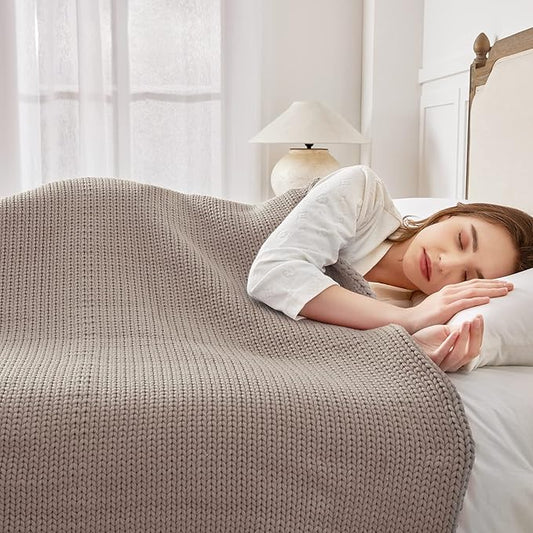 Guohaoi Knitted Weighted Blanket for Adults (Beige 50"x75" 12lbs) No Beads Cooling Throw Blanket for Hot Sleepers, Home Decor Breathable Chunky Knit Heavy Blanket Use on Full Size Bed