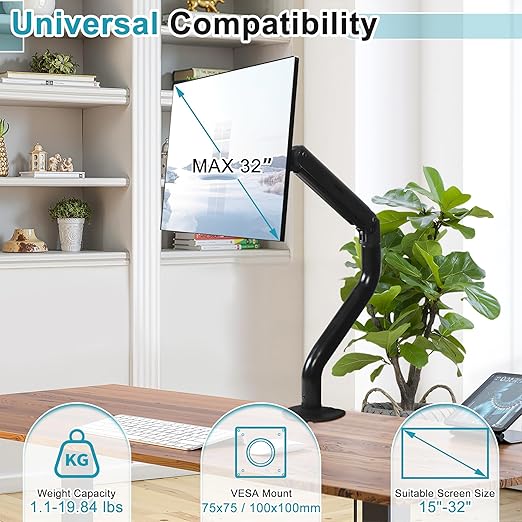 Lyngins Single Monitor Mount, Adjustable Monitor Arm Desk Stand for 15 to 32 inch Screens, VESA Mount with 75x75/100x100 mm, Computer Monitors Gas Arm Holds Up to 19.84 lbs - Black