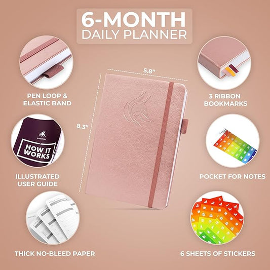 Clever Fox Daily Planner – Undated Planning Notebook with Hourly Schedule & To-Do List – Personal Day Task & Work Organizer, 6 Months (Rose Gold)