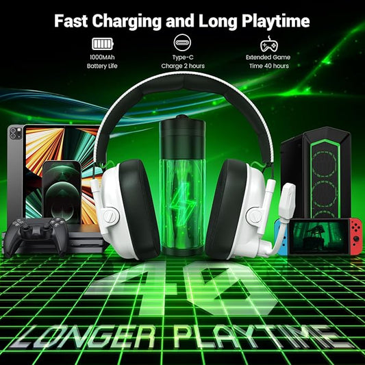 Wireless Gaming Headset with Noise Canceling Microphone for PC, PS5, PS4, Switch, Mac,2.4 GHz Wireless & Bluetooth 5.4 Gaming Headphones, Cool RGB Lighting, 40Hr Battery, 50mm Drivers-White