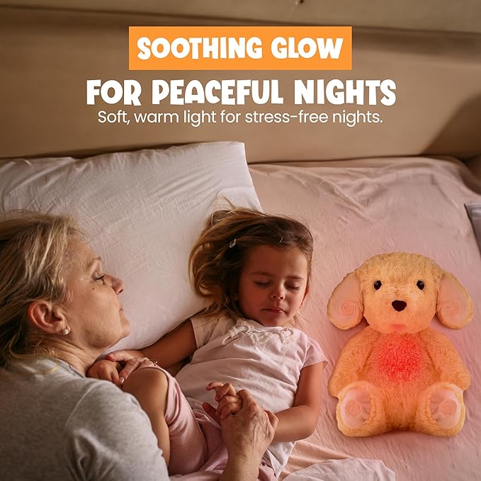 Gemma Joy Baby Sleep Soother Puppy for Baby – Cry Activated Heartbeat Stuffed Animal – Rechargeable Crib Soother with White Noise, Shush, Lullabies & Night Light – Newborn Essentials Must Haves