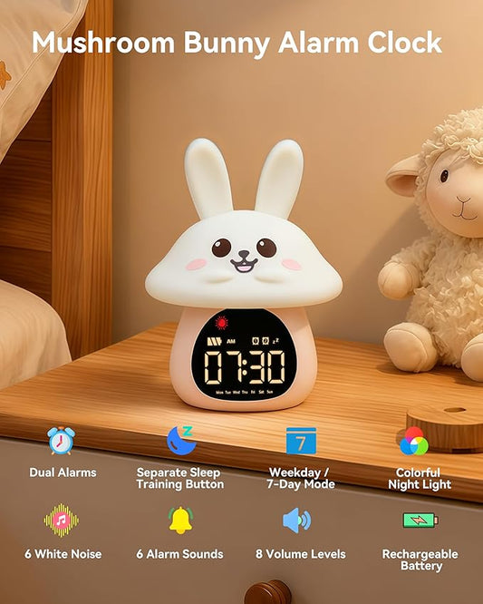 Yiliaw Sleep Training Alarm Clock with Night Light for Kids - Ok to Wake Clock with Dual Alarms, Night Light & RGB Colors, 6 Alarm Tones & White Noise, Rechargeable Clock for Boys & Girls, Bunny