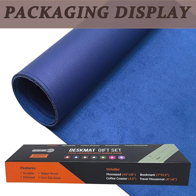 PU Leather Desk Mat| Premium Mouse Pad with Bonus Coaster | Stylish, Durable, Waterproof Mouse Pad for Office & Home (Navy Blue, XXL - PU Gift Set)