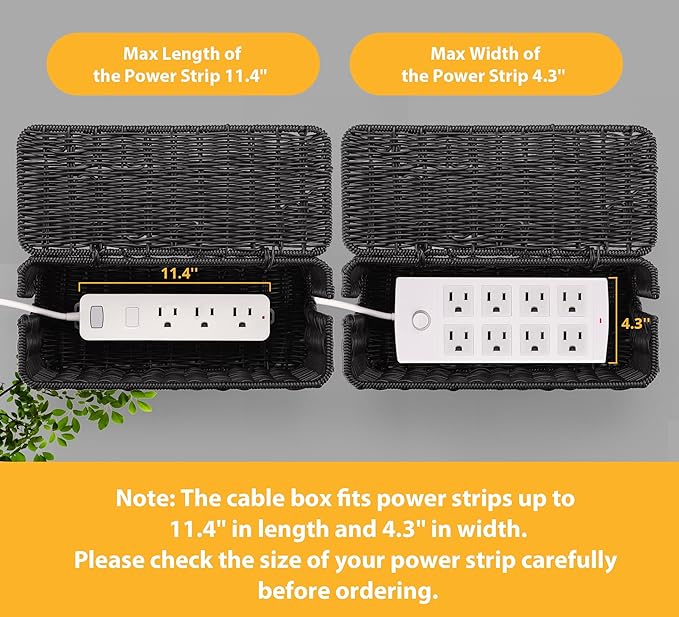 Handmade Cable Management Box, Imitation Rattan Cord Organizer Cord Hider Box, Desk Cord Management Box to Hide Cords and Power Strip L12.5 W5 H5.2 CB2412 Black