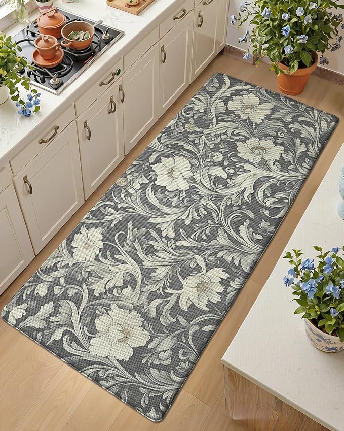 Color&Geometry Floral Kitchen Mat 24"x59", Anti Fatigue Mats for Kitchen Floor, Kitchen Rugs Non Slip, Waterproof & Oil Proof Kitchen Runner for Standing Desk Office, Sink - Grey