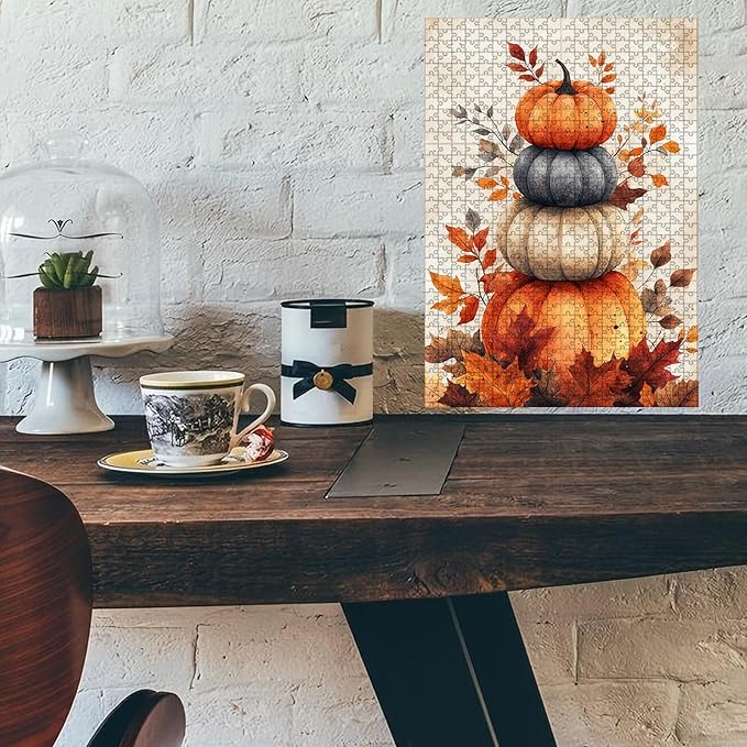 1000 Piece Wooden Fall Pumpkin Jigsaw Puzzle Adults & Kids Educational Family Game Stress Relief Brain Teaser to Improve Memory & Cognitive Skills 29.5x19.7 Inch