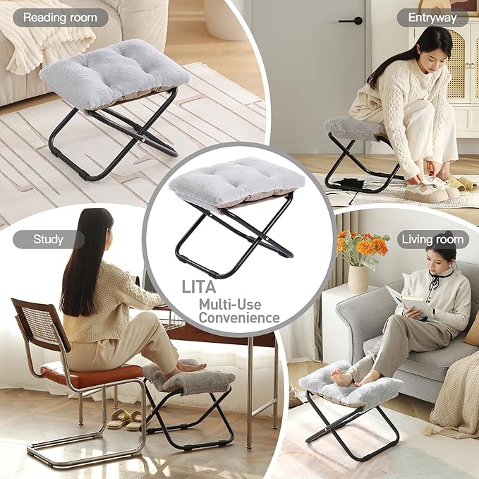 LITA Folding Footrest Stool, Portable Ottoman Foot Rest, Upholstered Small Foldable Ottoman Stool with Detachable Thick Cotton Cushion Padded Sofa Stool for Living Room, Bedroom, Plush Grey