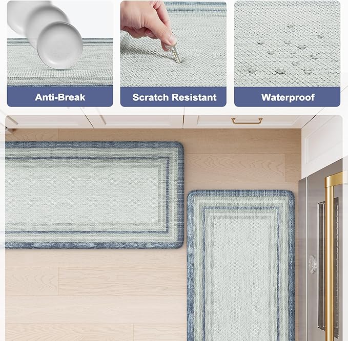 KIMODE Anti Fatigue Kitchen Mat 2PCS,Non-Skid Waterproof Kitchen Rugs,Farmhouse Kitchen Mat for Floor,Cushioned Comfort Foam Standing Mat for Laundry,Office,Sink,Desk,Blue and Gray