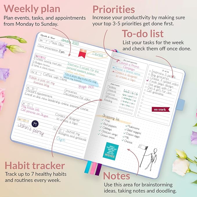 GoGirl Planner and Organizer for Women – A5 Size Weekly Planner, Goals Journal & Agenda to Improve Time Management, Productivity & Live Happier. Undated – Start Anytime, Lasts 1 Year – Light Blue
