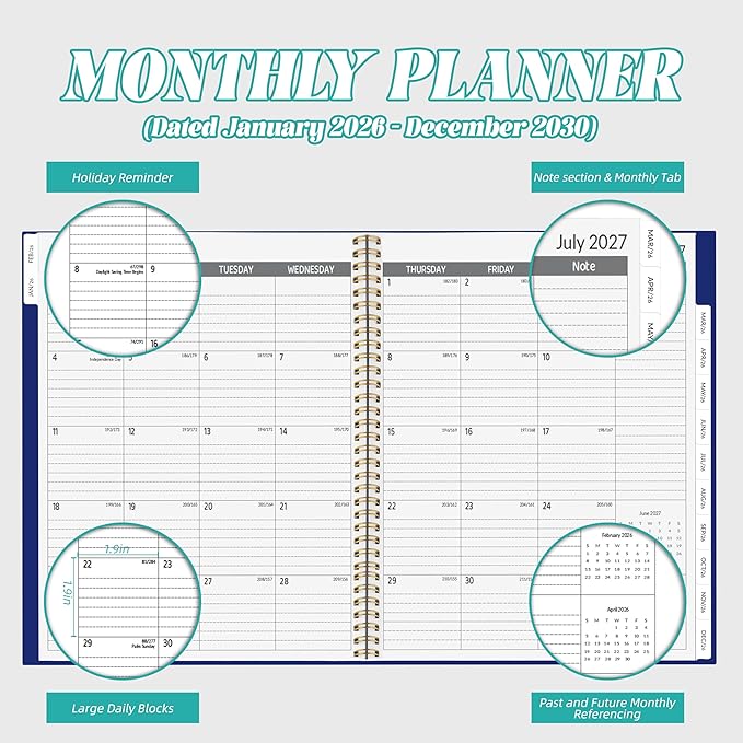 2026-2030 Monthly Planner, 5 Year Monthly Planner/Calendar 2026-2030, 60-Month Jan 2026 ā Dec 2030, 9" x 11", Tabs, Double-Side Pocket, Holidays, Thick Paper - Blue