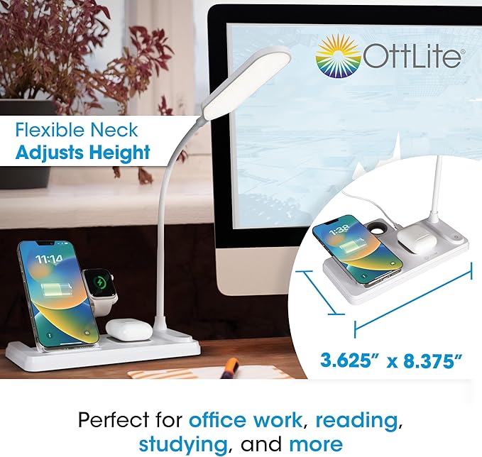 Ottlite LED Desk Lamp with Multi-Device Charging Station, White