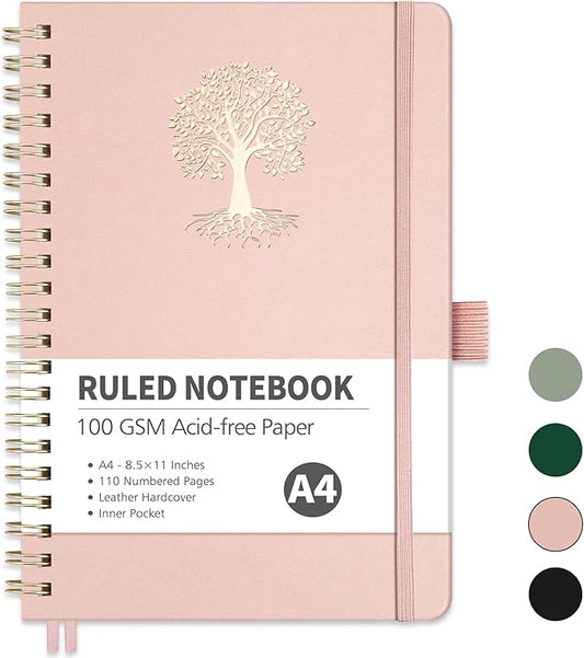 RETTACY Spiral Journal Notebook, 110 Numbered Pages, A4 Large Size (8.5'' x 11''), for Men & Women, Journaling, Writing, Work & Office, Leather Hardcover, 100 GSM Thick Paper (Rose Gold)