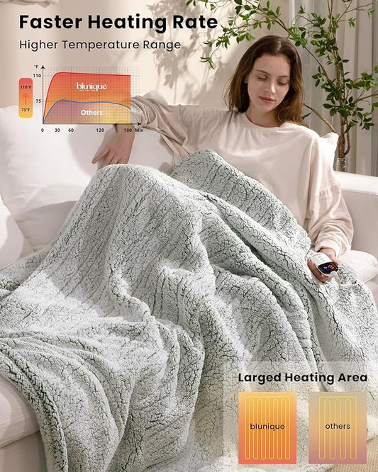 Electric Blanket Throw 50x60 Inches, Double-Sided Sherpa, Soft & Cozy Thick Heated Blanket with 6 Heat Settings, 1-4 Hour Auto Off, Machine Washable, Ideal for Couch, Sofa, Bed, Office, Light Sage